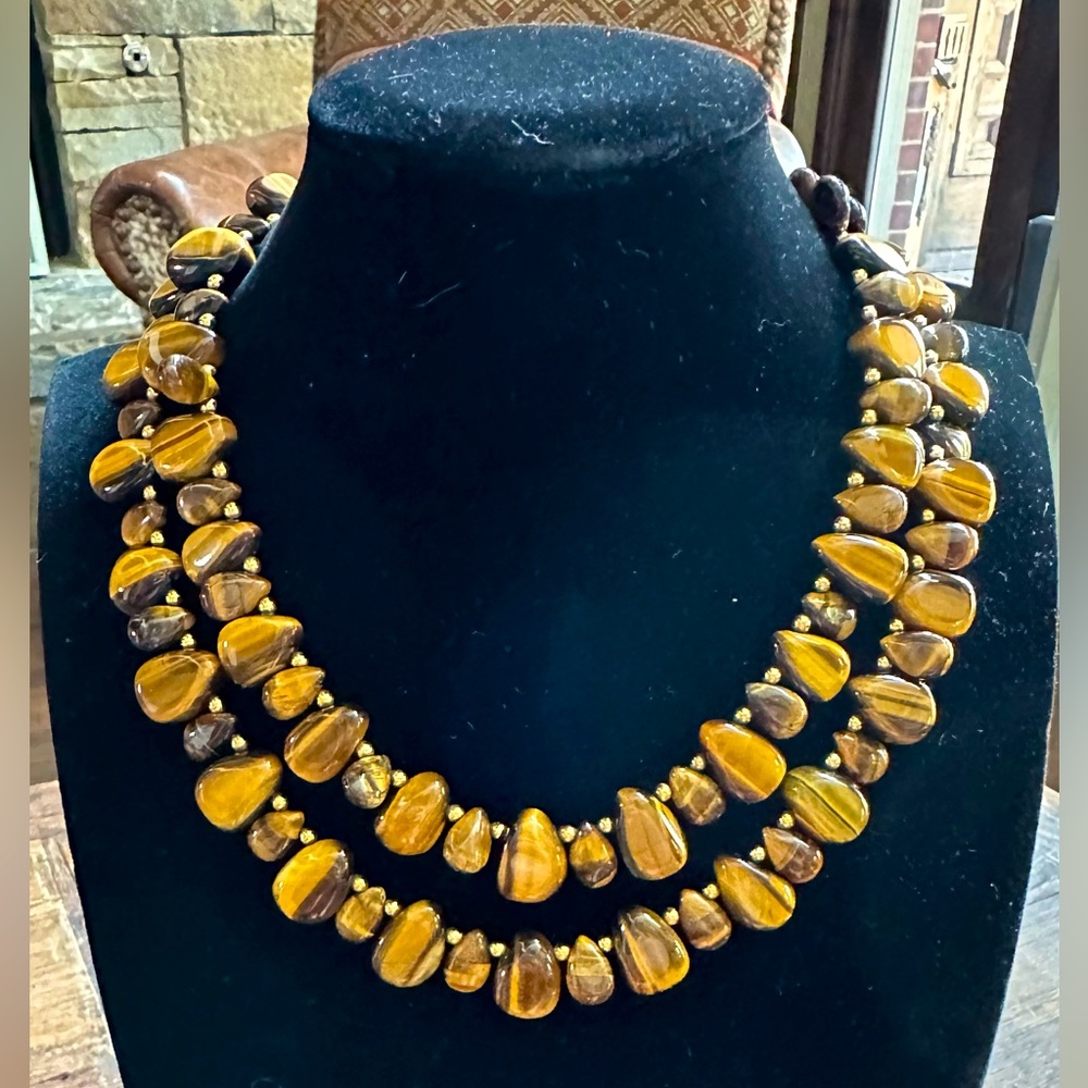 Kenneth Lane Signed Double Bead Strand Tigers Eye Necklace